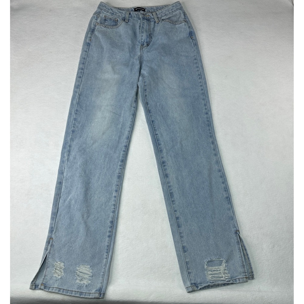 PrettyLittleThing‎ Wide Leg Jeans Womens 6 Light Blue Excellent Distressed Slit